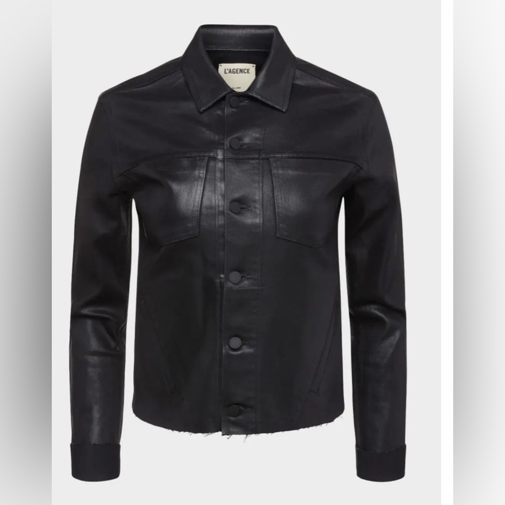 L'AGENCE Black Coated Denim Button-Front Janelle Coated Trucker Jacket sz Medium